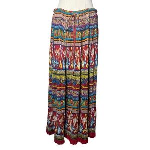 Vintage Boho Floral Pleated Gauzy Cotton Maxi Skirt OSFM Hippie Summer Colorful